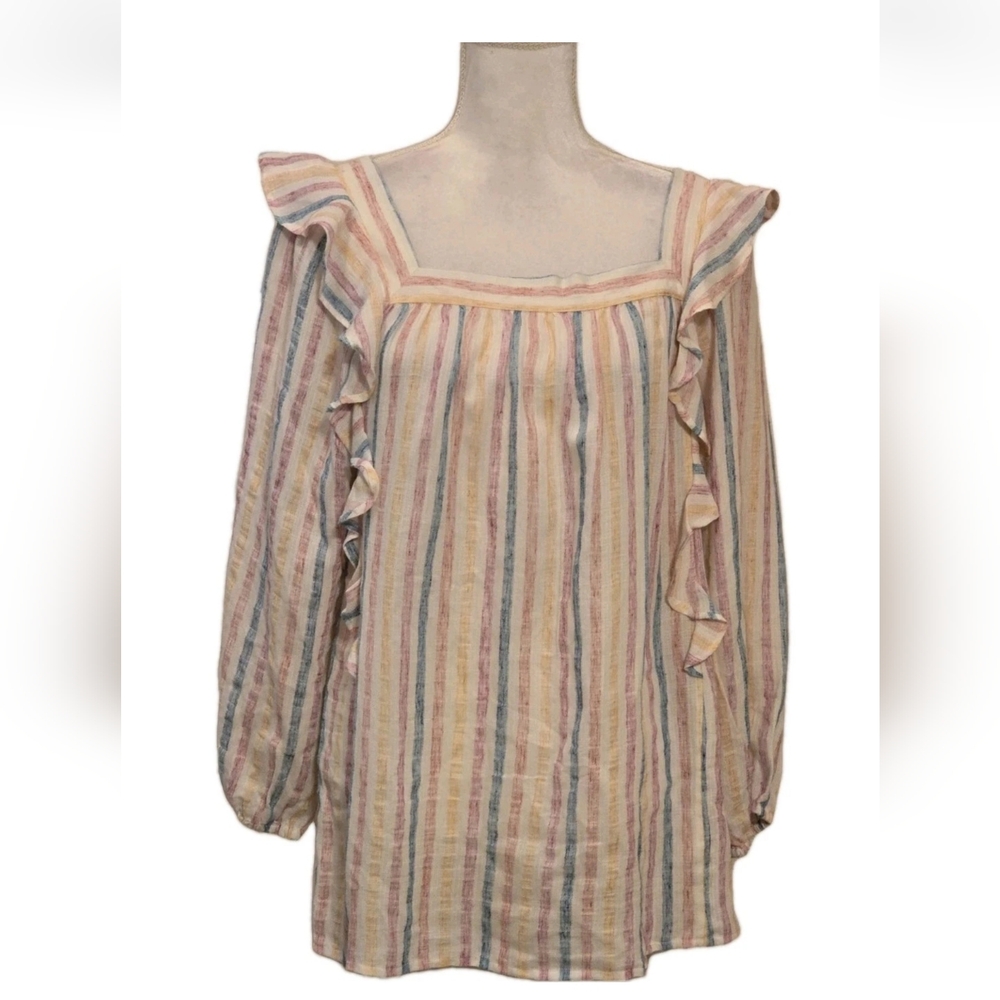 Chaps Womens Top M Multicolor Striped 3/4 Sleeve Square Neck  Pullover Blouse